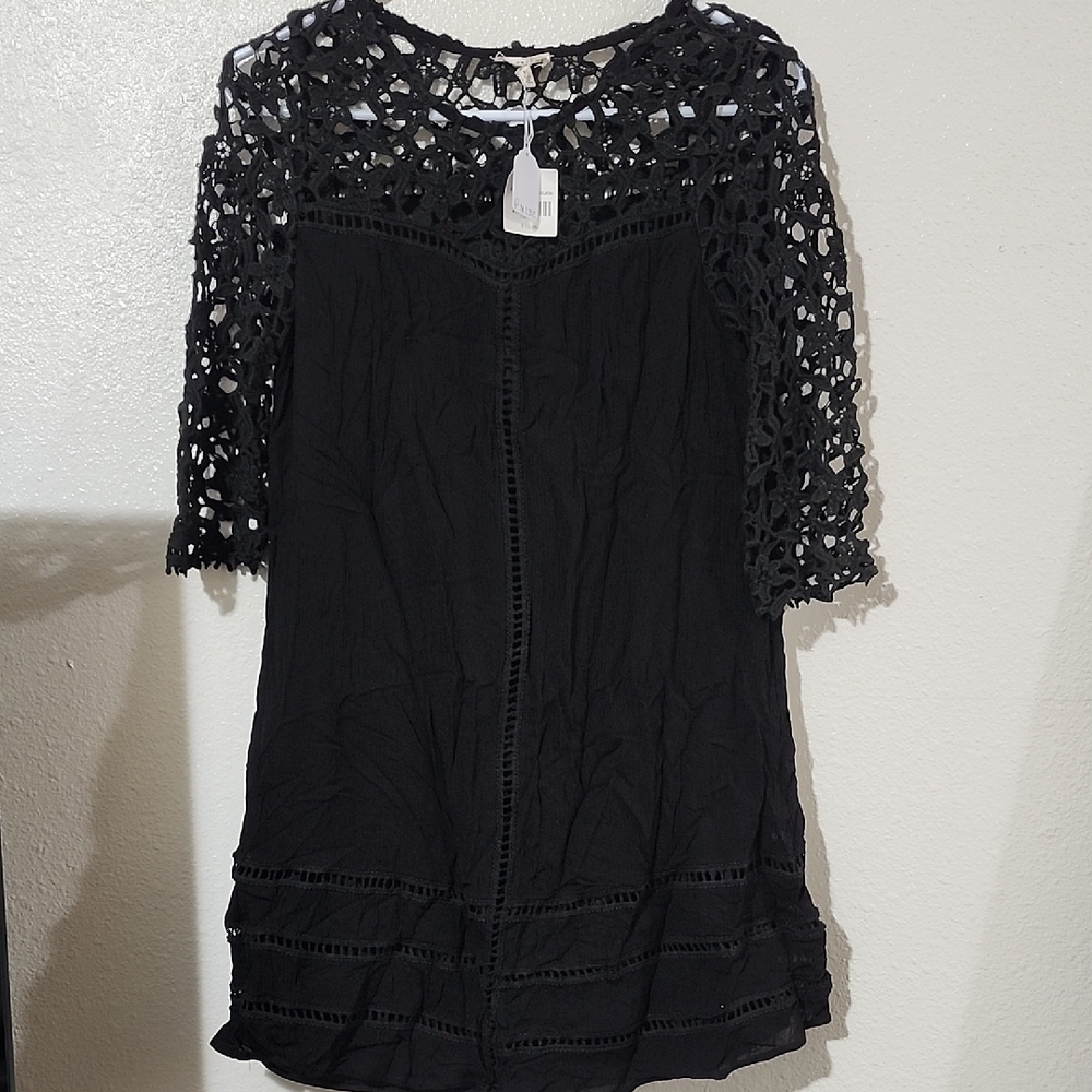 En Creme Black Crochet Yoke Midi Dress
